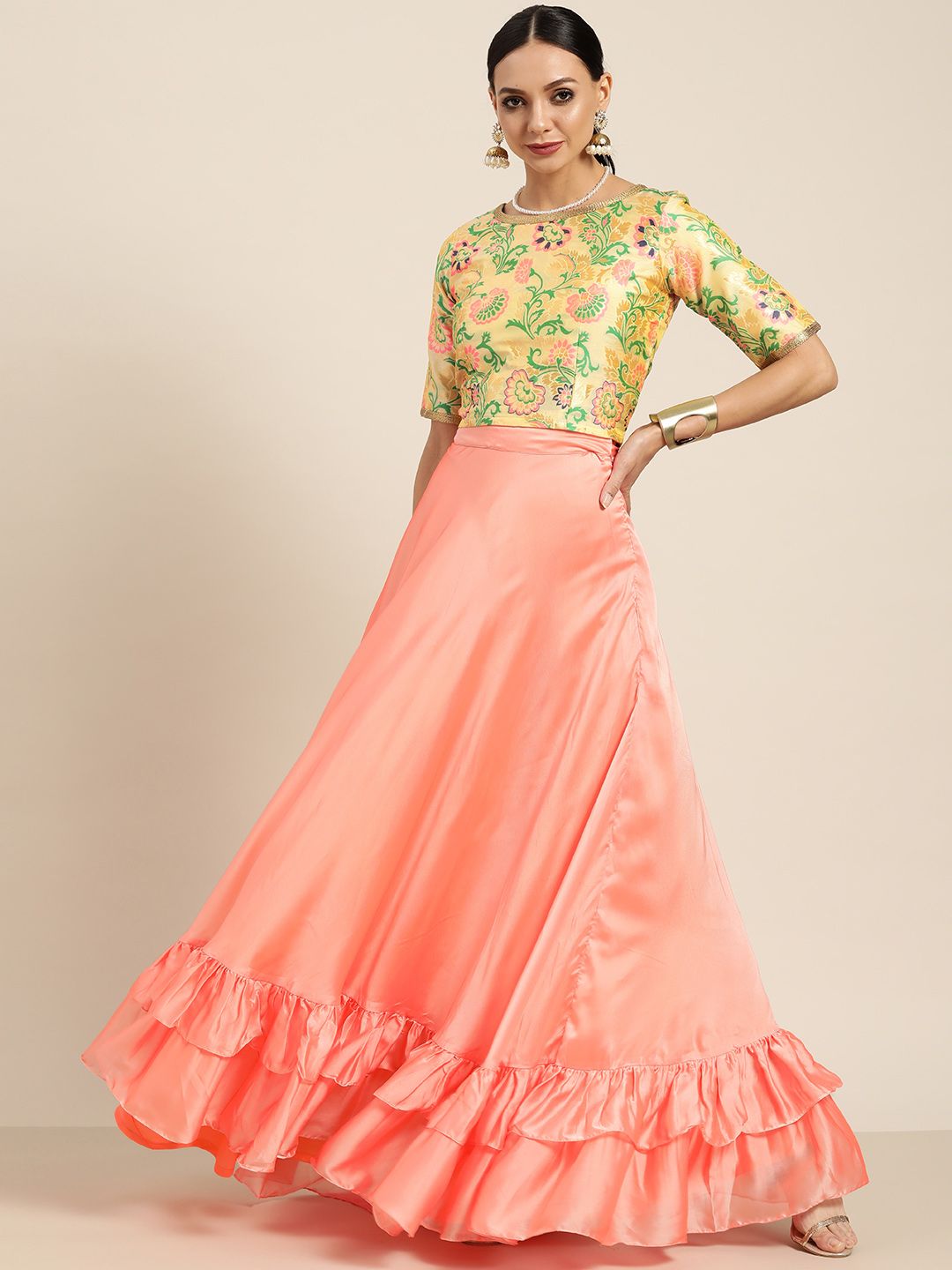 Sangria Pink & Yellow Printed Ready to Wear Lehenga & Choli Price in India