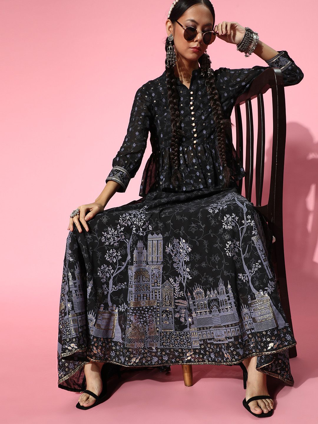 Juniper Stylish Black Printed Ready to Wear Lehenga Choli with Dupatta Price in India