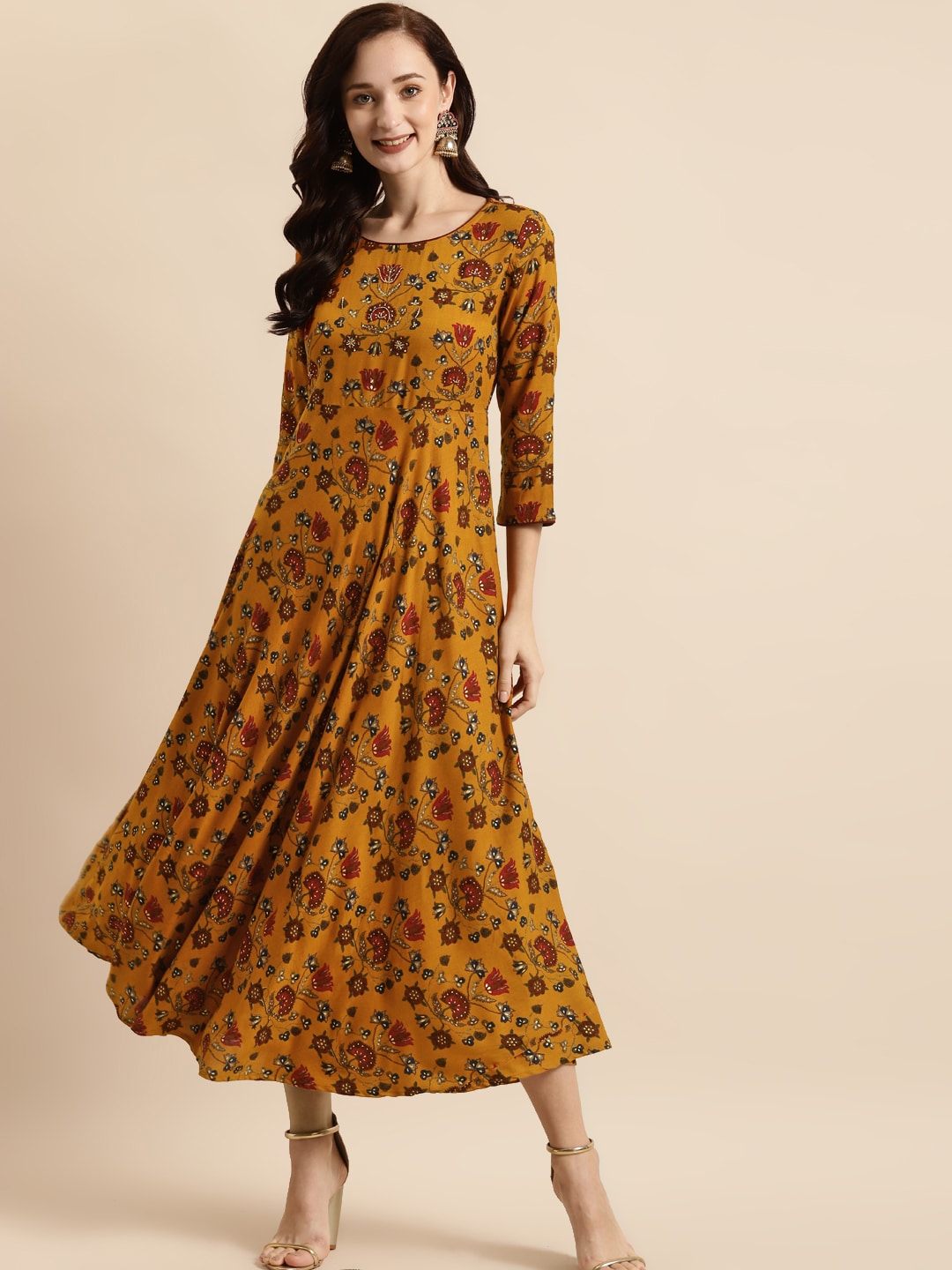 RANGMAYEE Mustard Yellow & Maroon Floral Liva Ethnic A-Line Maxi Dress Price in India