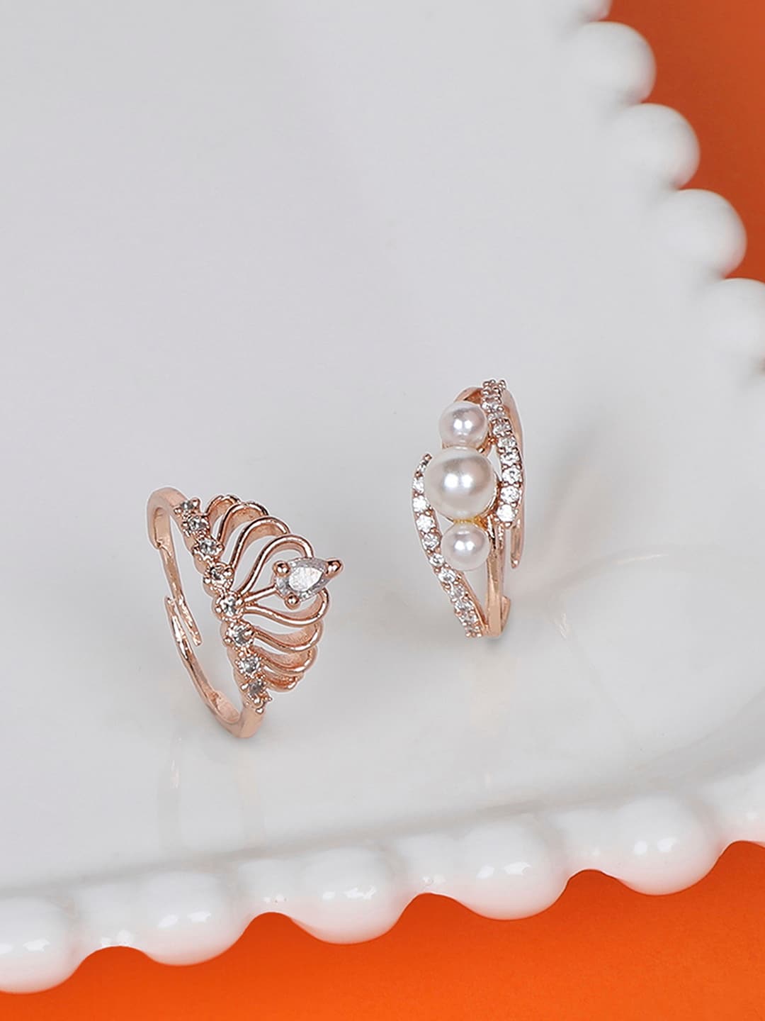 Zaveri Pearls Set Of 2 Rose Gold-Plated White CZ-Studded & Beaded Adjustable Contemporary Finger Rings Price in India