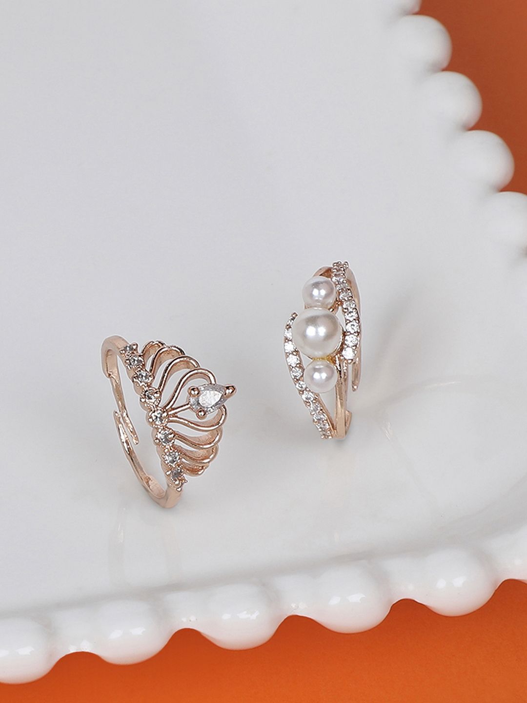 Zaveri Pearls Set Of 2 Rose Gold-Plated White CZ-Studded & Beaded Adjustable Contemporary Finger Rings Price in India