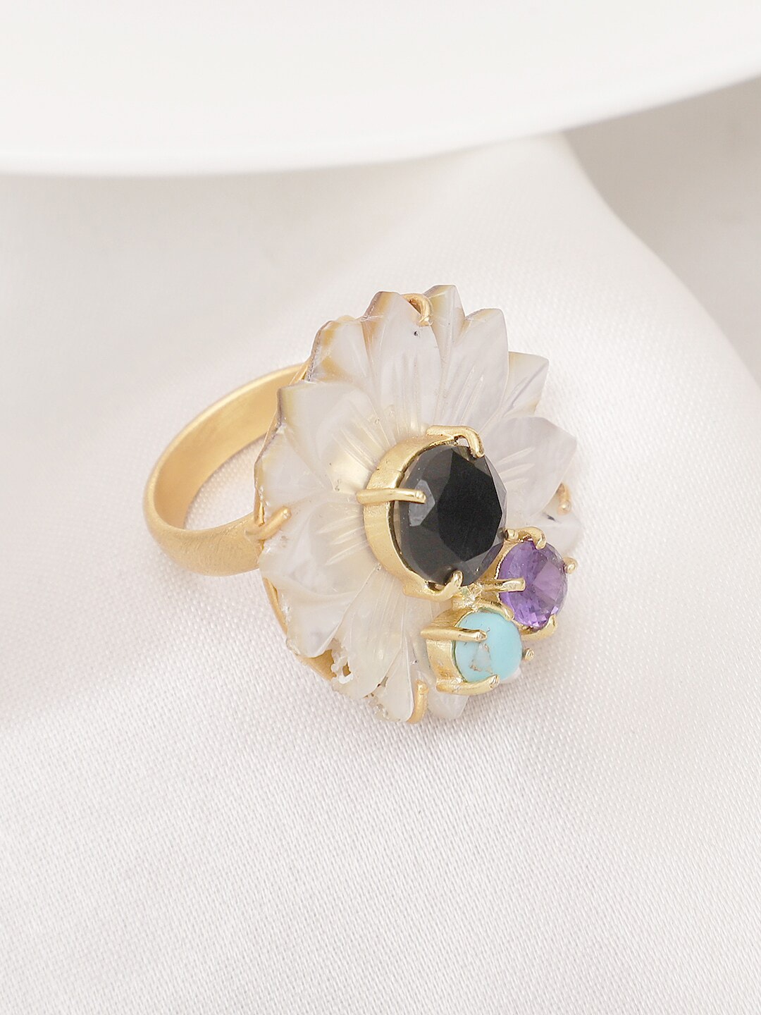 XAGO Gold-Plated & Black Onyx Stone Studded Adjustable Finger Ring Price in India
