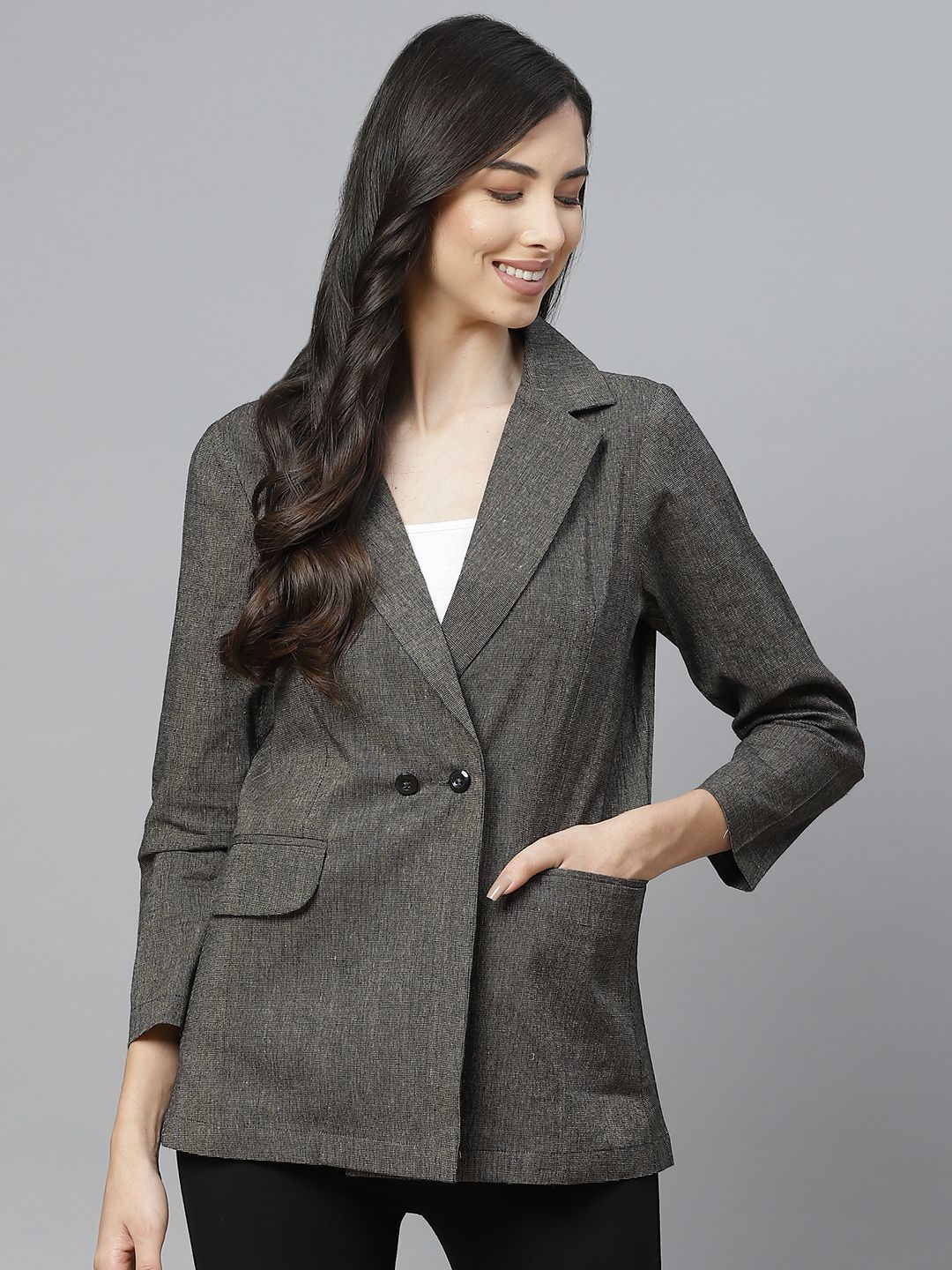 Cottinfab Women Taupe Solid Regular Fit Double Breasted Blazer Price in India