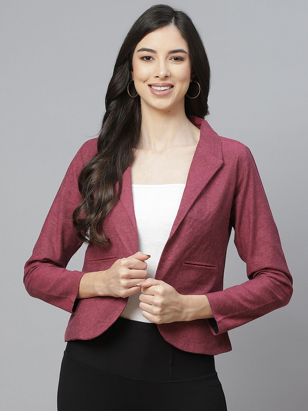 Cottinfab Women Burgundy Solid Pure Cotton Blazer With Shawl Collar Price in India