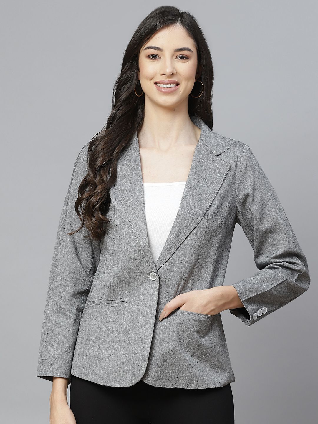 Cottinfab Women Grey  Solid Regular Fit Single Breasted Blazer Price in India