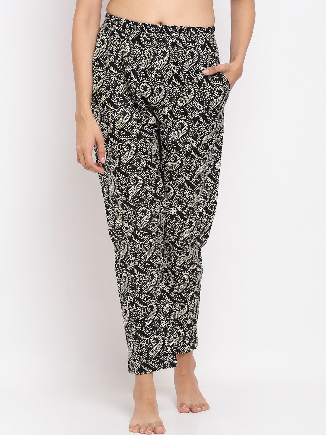 NEUDIS Women Black & White Printed Cotton Lounge Pants Price in India