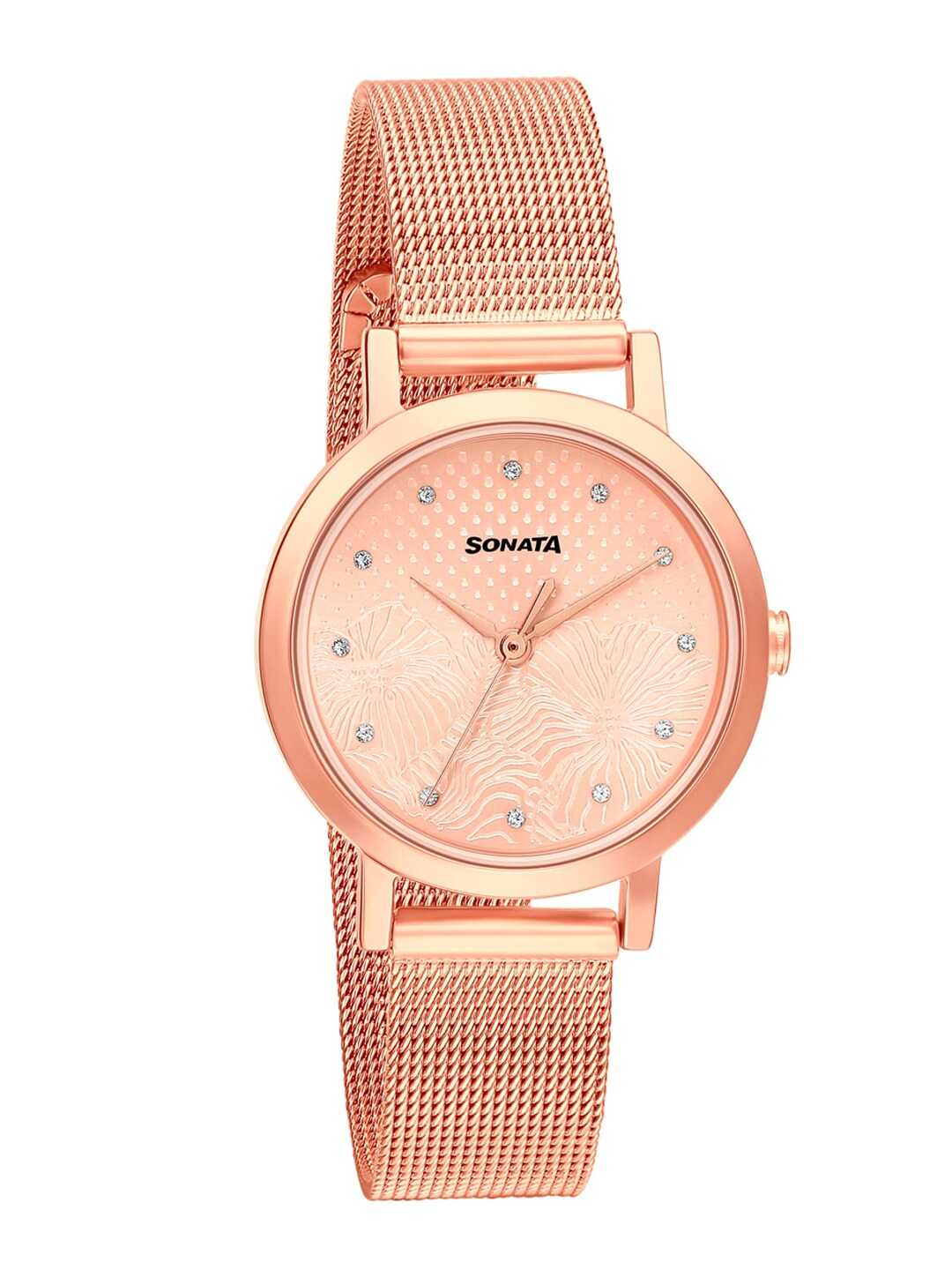 Sonata Women Rose Gold-Toned Brass Dial & Bracelet Style Straps Analogue Watch 8174WM02 Price in India