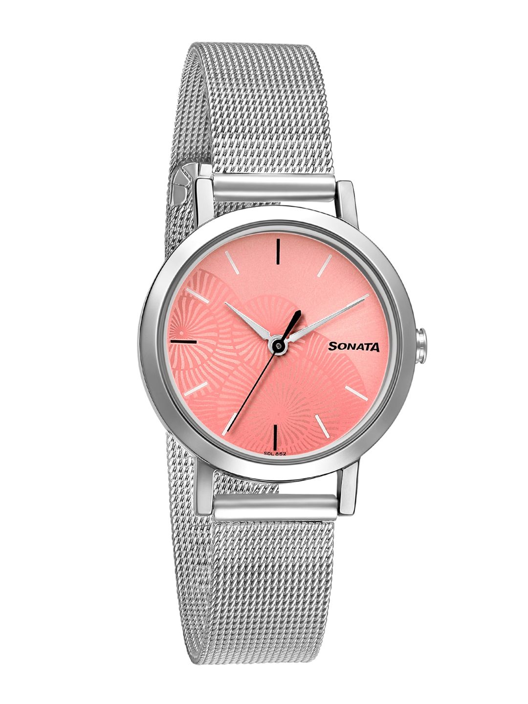 Sonata Women Pink Brass Dial & Silver Toned Bracelet Style Straps Analogue Watch 8174SM02 Price in India