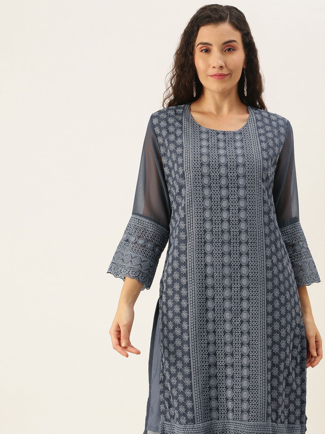 SWAGG INDIA Women Grey Floral Embroidered Chikankari Kurta Price in India