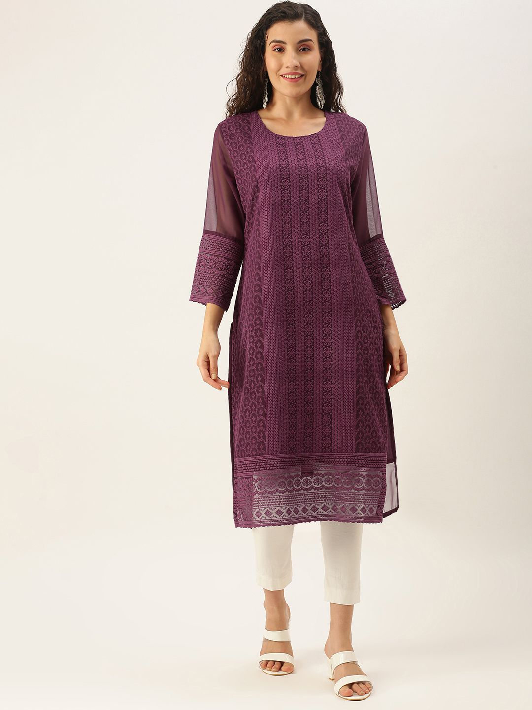 SWAGG INDIA Women Purple Floral Embroidered Chikankari Georgette Kurta Price in India