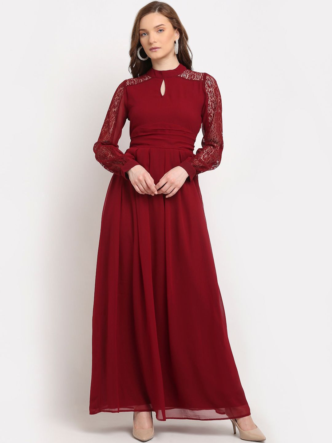 La Zoire Maroon Keyhole Neck Lace Pleated Maxi Dress Price in India