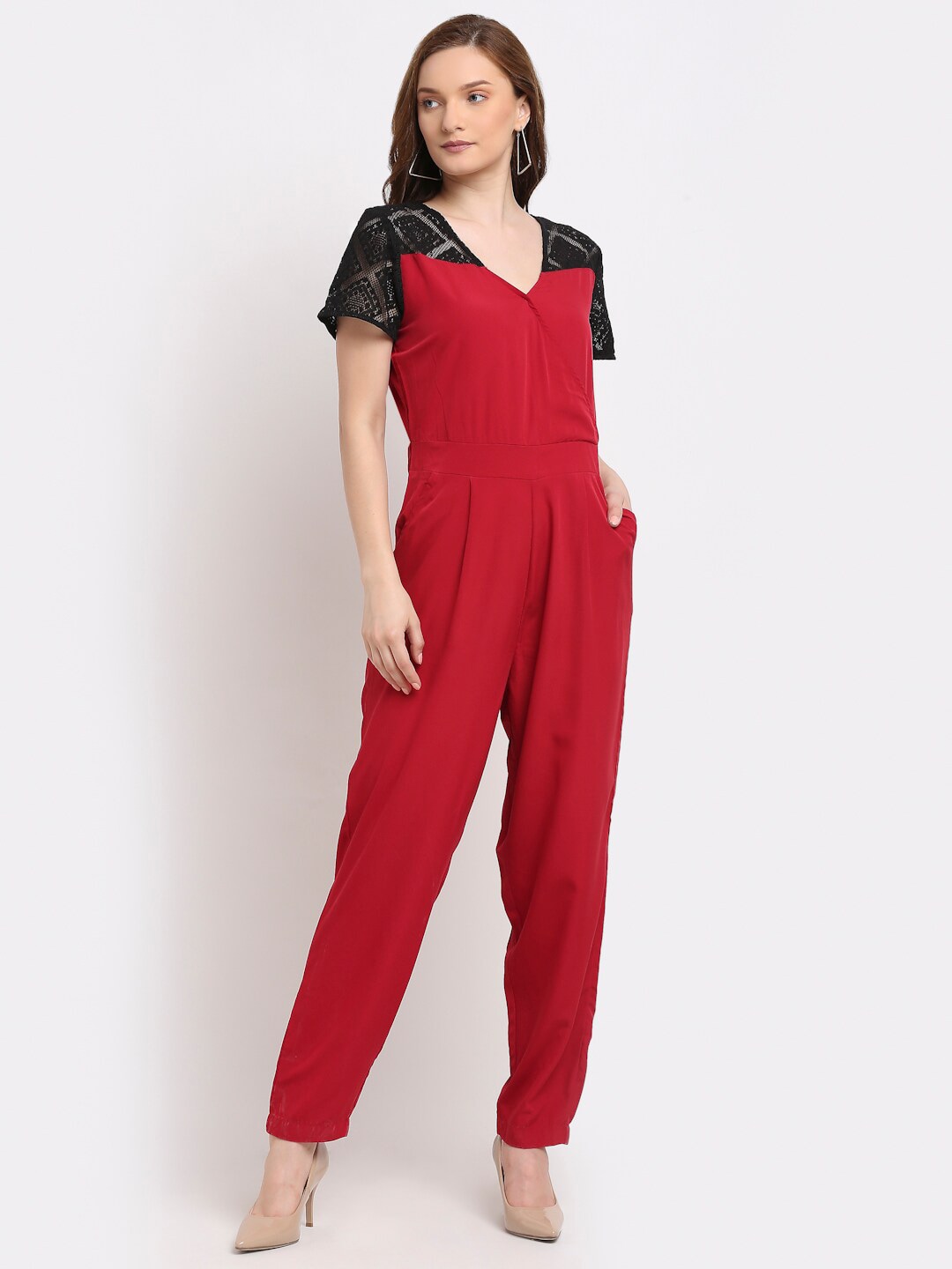 La Zoire Maroon & Black Basic Jumpsuit with Lace Inserts Price in India