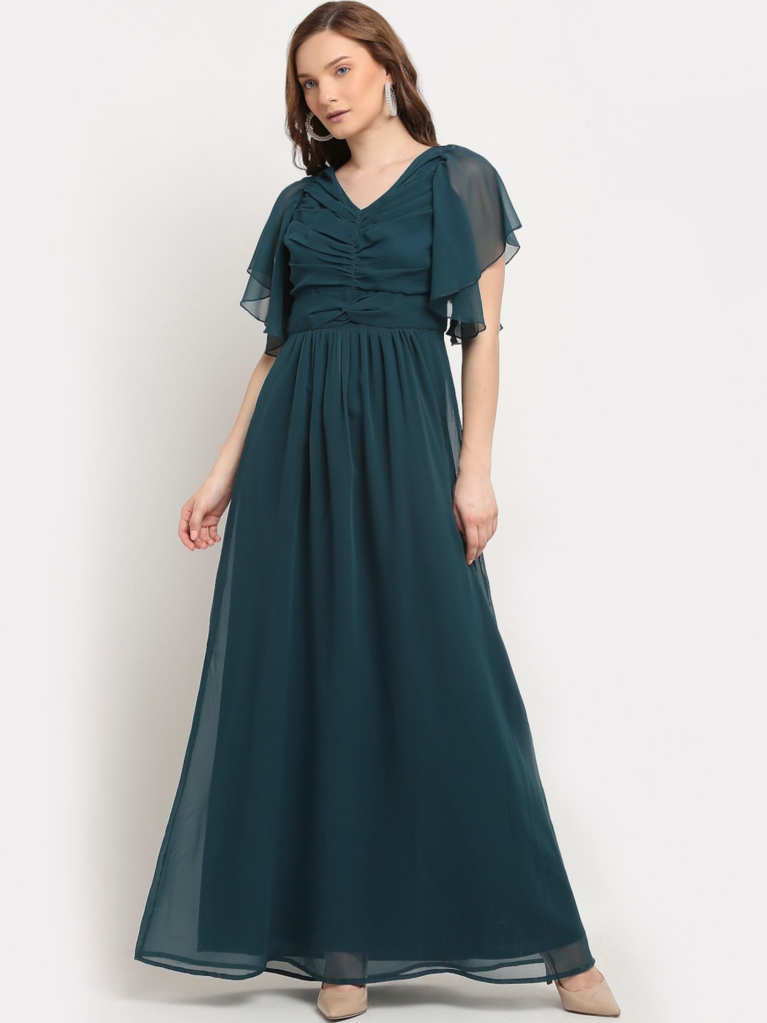 La Zoire Women Turquoise Blue Flared Georgette Maxi Dress Price in India