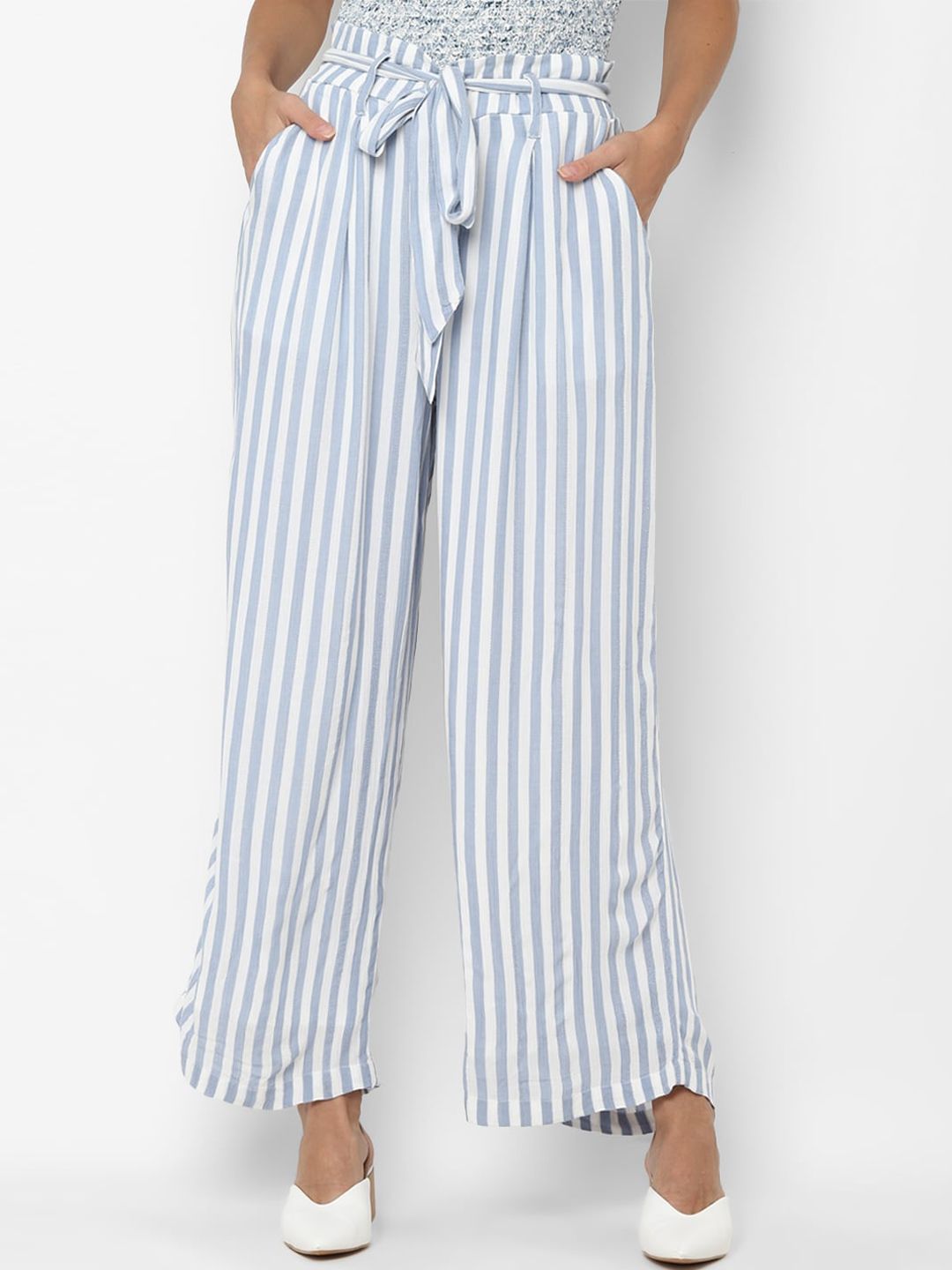 AMERICAN EAGLE OUTFITTERS Women Blue Striped Parallel Trousers Price in India