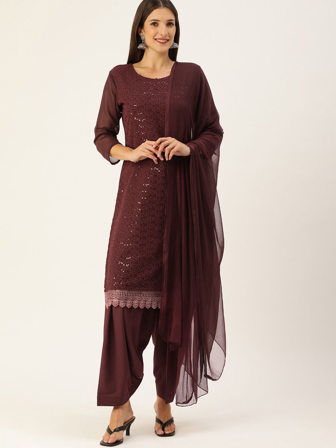 SWAGG INDIA Brown Chikankari Embroidered Unstitched Dress Material Price in India