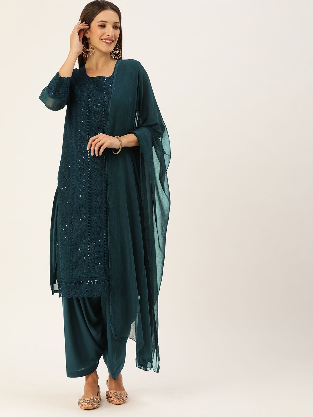 SWAGG INDIA Teal Blue Chikankari Embroidered Unstitched Dress Material Price in India