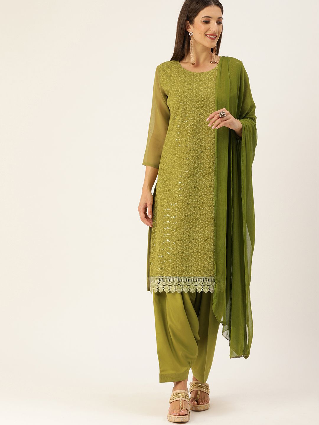 SWAGG INDIA Olive Green Chikankari Embroidered Unstitched Dress Material Price in India