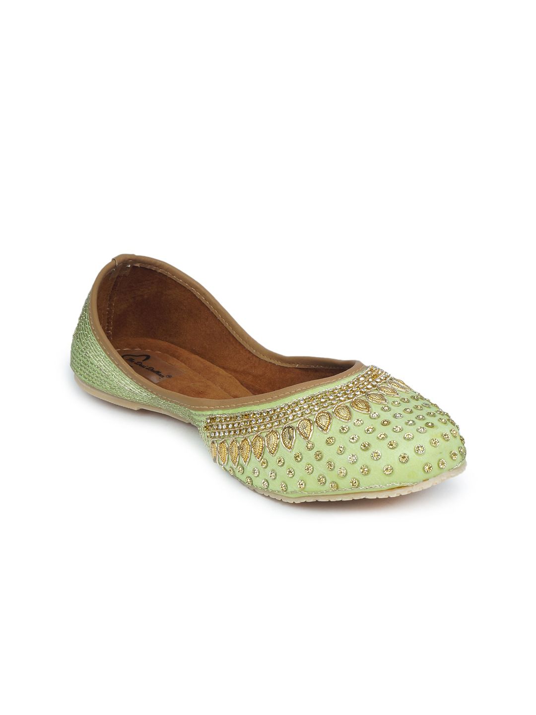 The Desi Dulhan Women Green & Gold-Toned Embellished Leather Mojaris Price in India