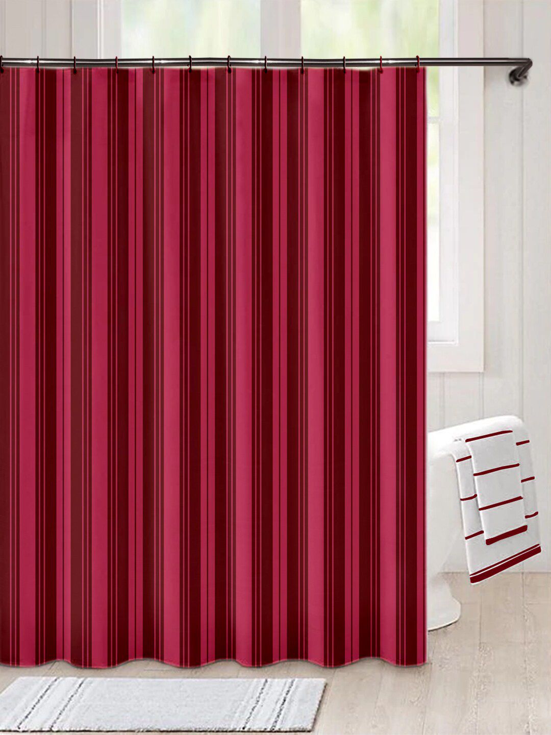 Lushomes Maroon Striped Shower Curtain Price in India