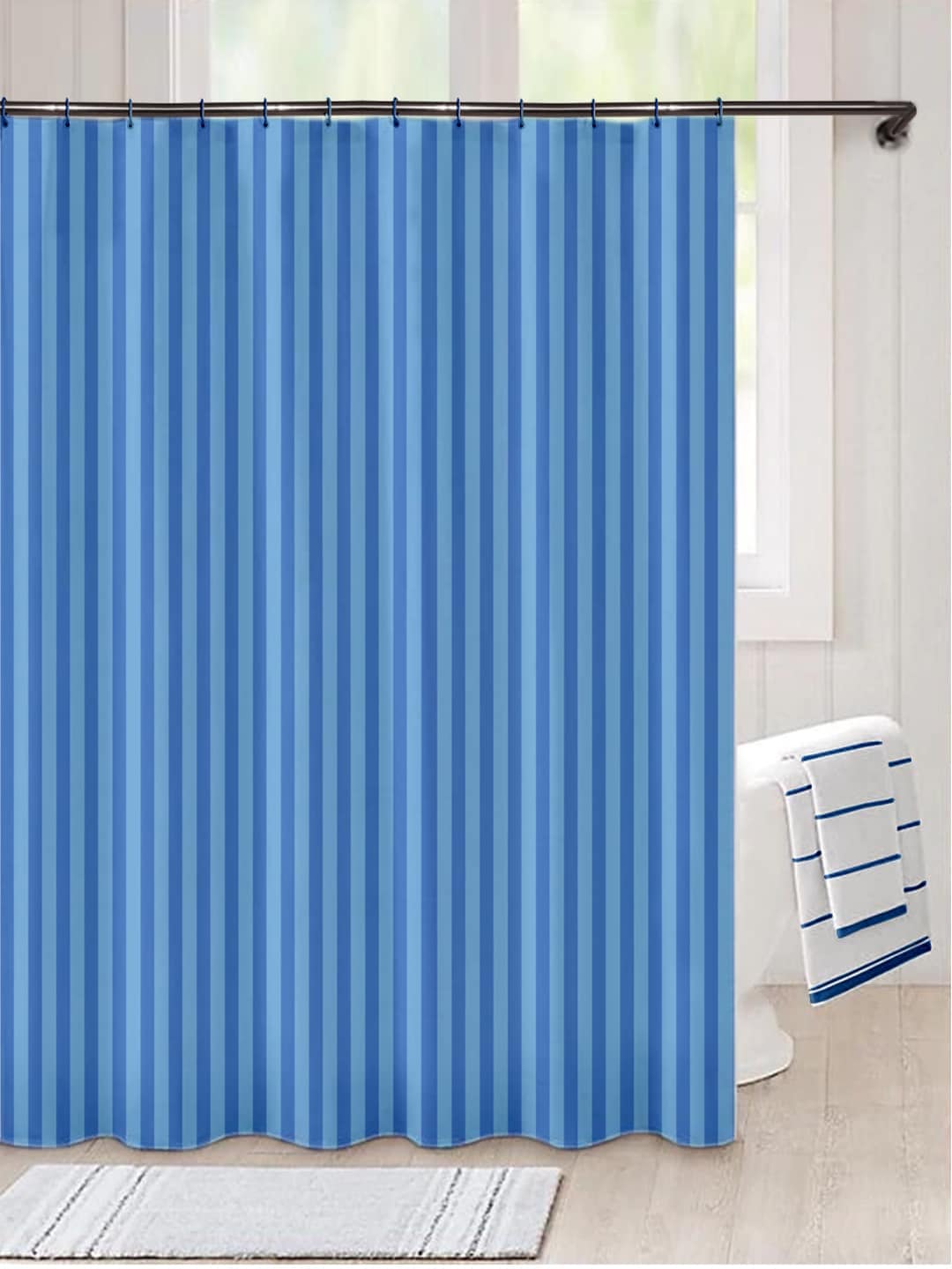 Lushomes Blue Striped Water Repellent Shower Curtain Price in India