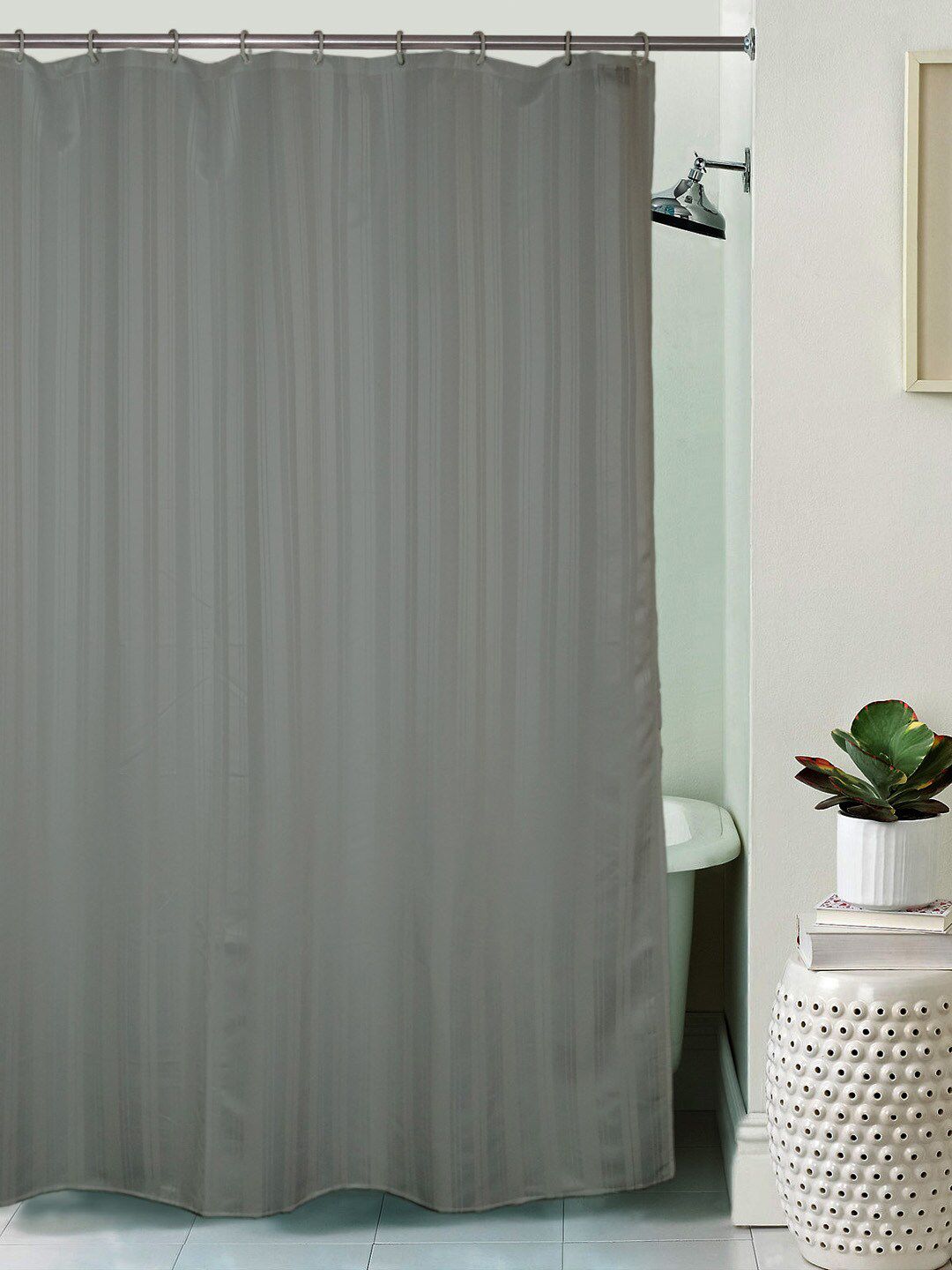 Lushomes Grey Striped Water Repellent Shower Curtain Price in India