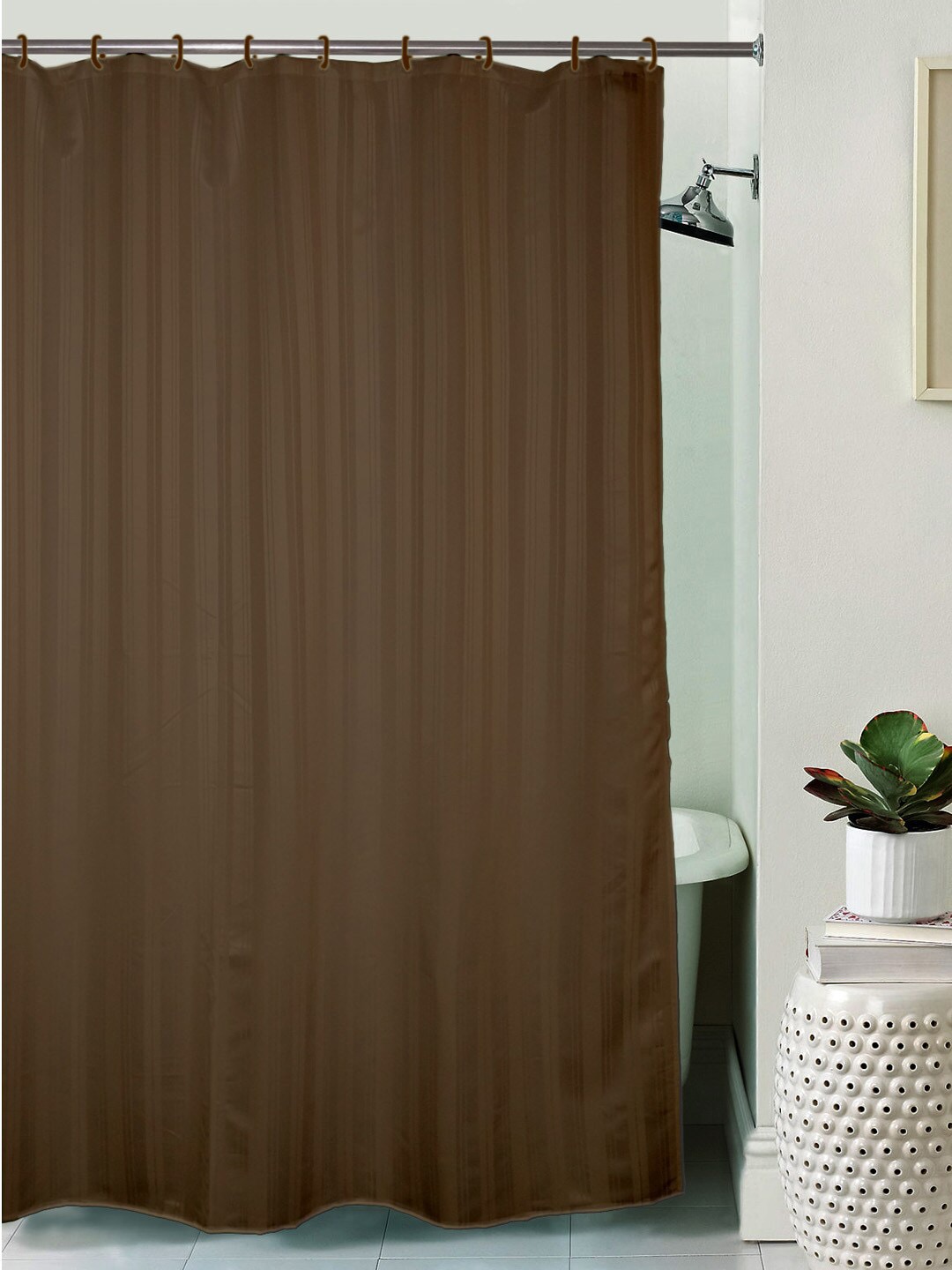 Lushomes Brown Striped Water Repellent Shower Curtain Price in India