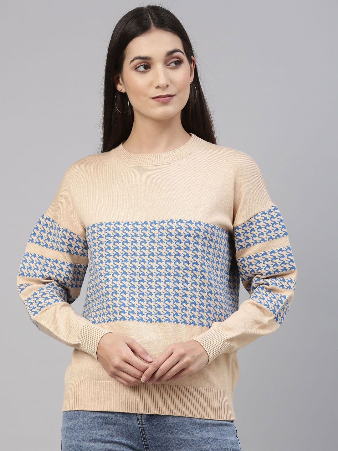 Insua Women Beige & Blue Pullover Sweater Price in India