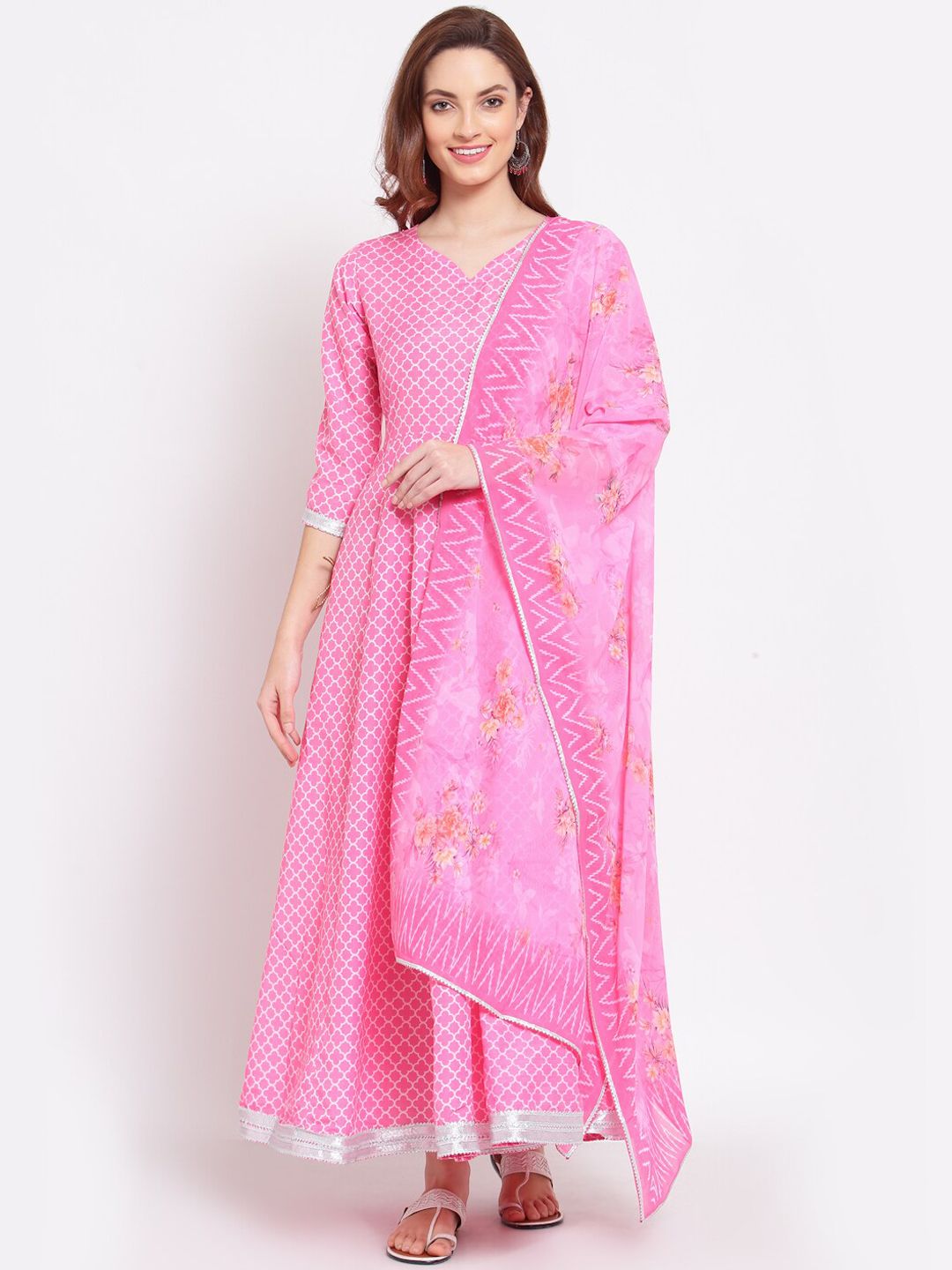 Myshka Women Pink Geometric Printed Anarkali Kurta Price in India