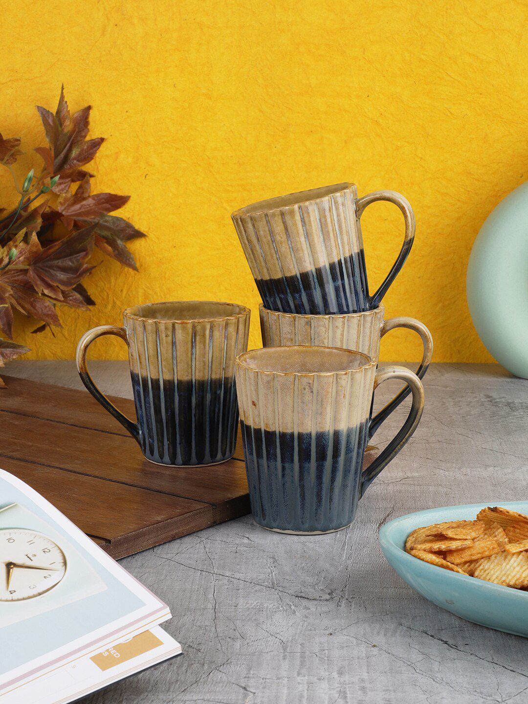 MIAH Decor Set Of 4 Navy Blue & Brown Hand Painted Textured Ceramic Glossy Mugs Price in India