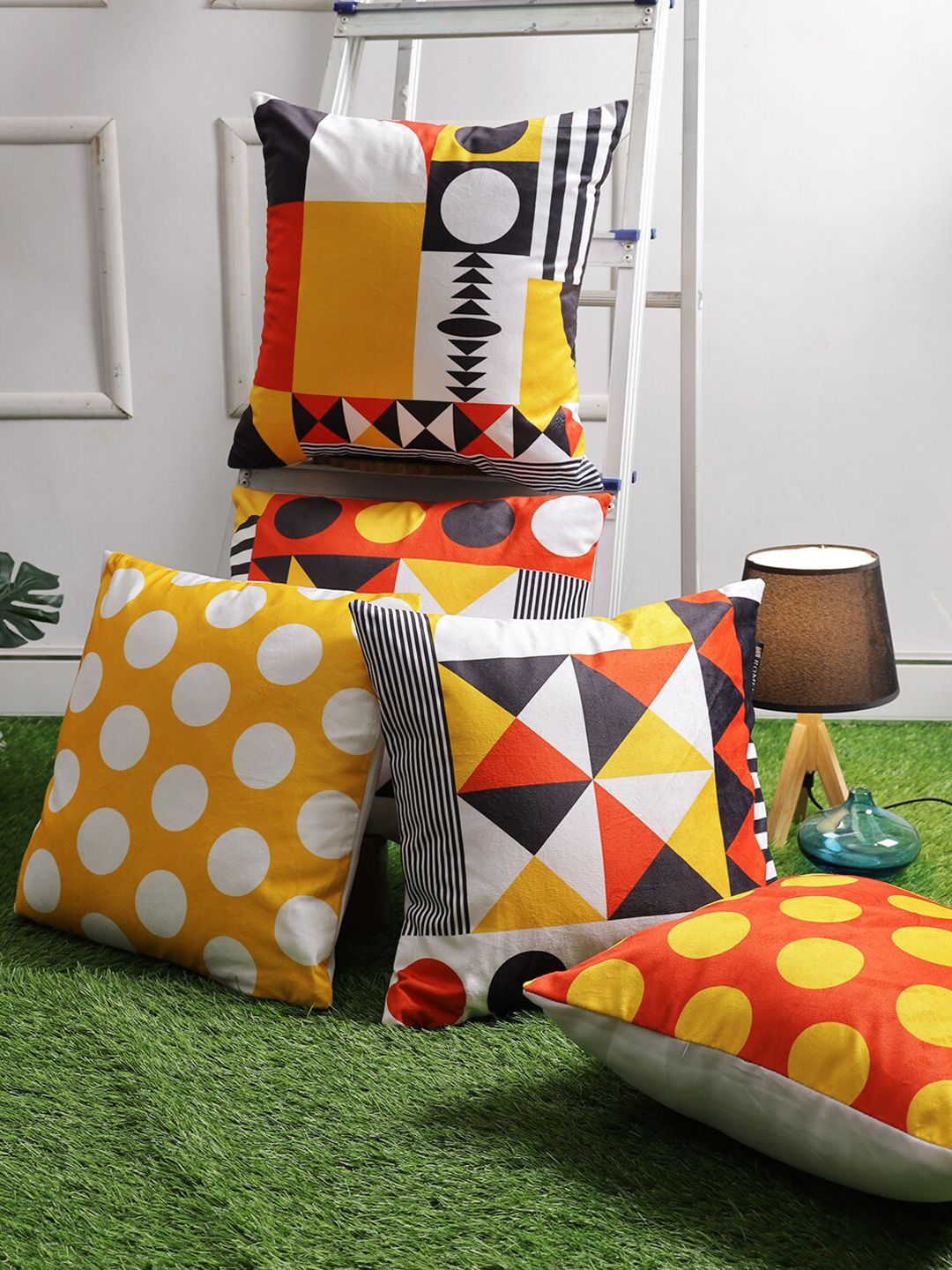 ROMEE Yellow & Orange Set of 5 Geometric Velvet Square Cushion Covers Price in India