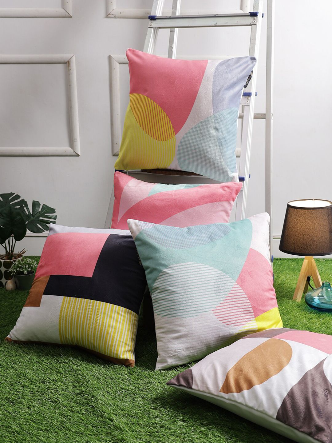 ROMEE Grey & Pink Set of 5 Abstract Velvet Square Cushion Covers Price in India