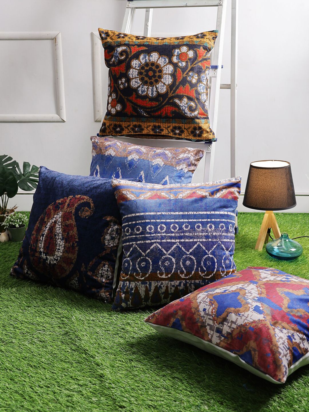 ROMEE Blue & White Set of 5 Ethnic Motifs Velvet Square Cushion Covers Price in India