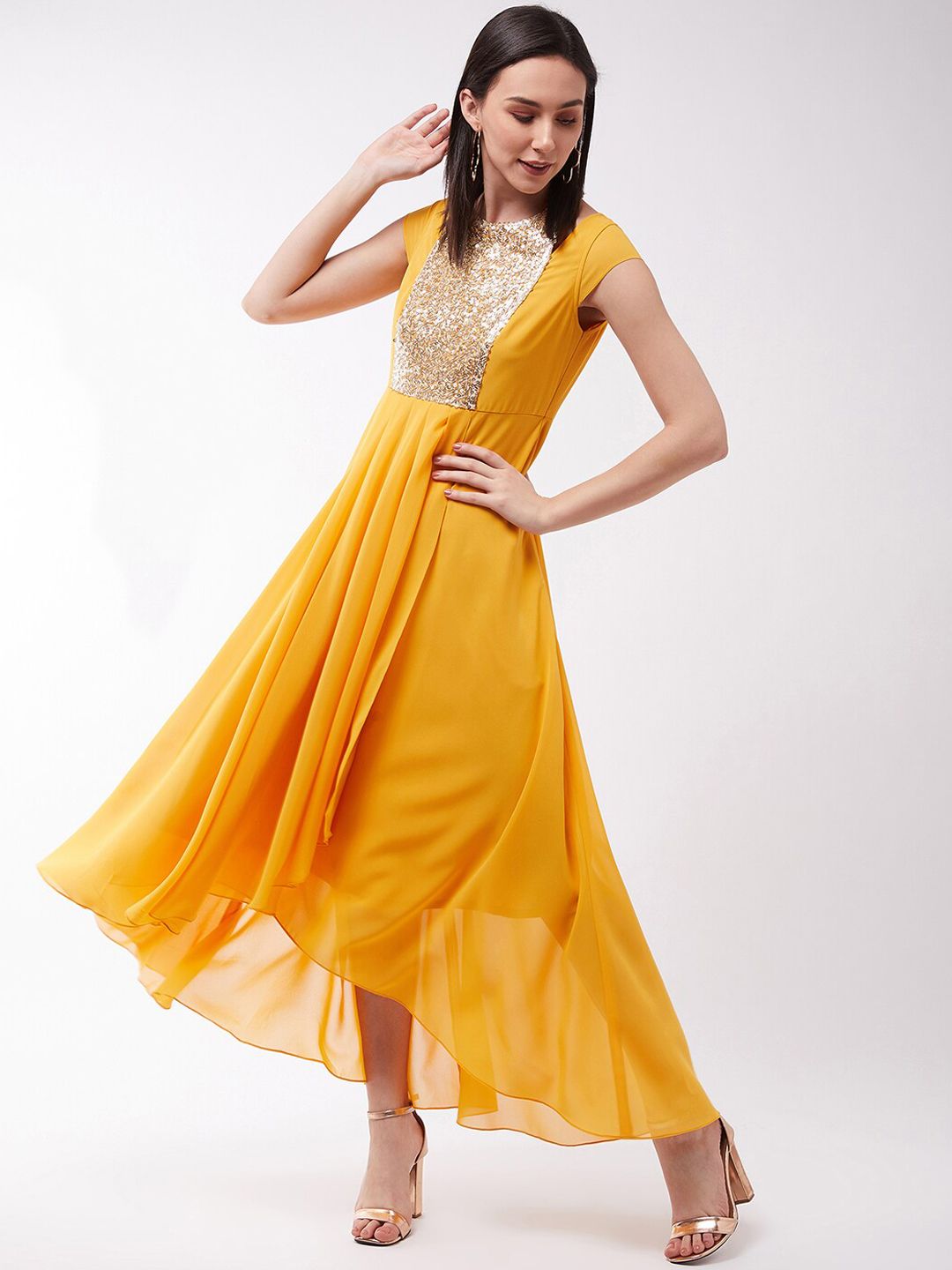 Miss Chase Mustard Yellow & Gold-Toned Embellished Georgette Fit & Flare Dress Price in India