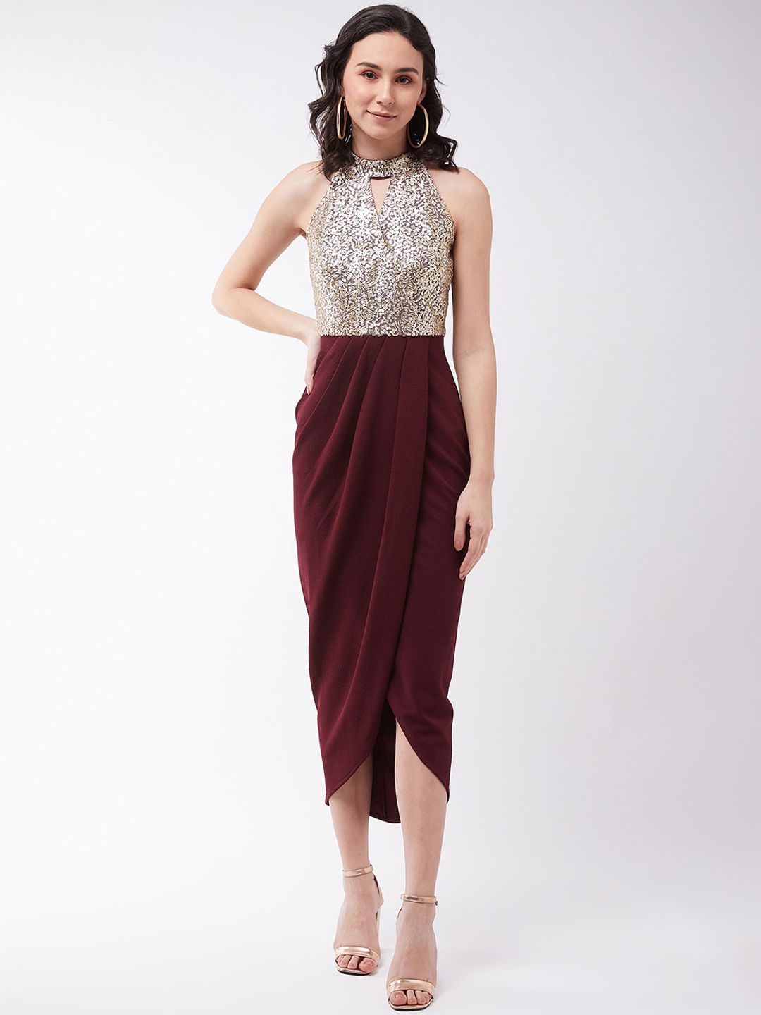 Miss Chase Red Embellished Crepe Sheath Midi Dress Price in India