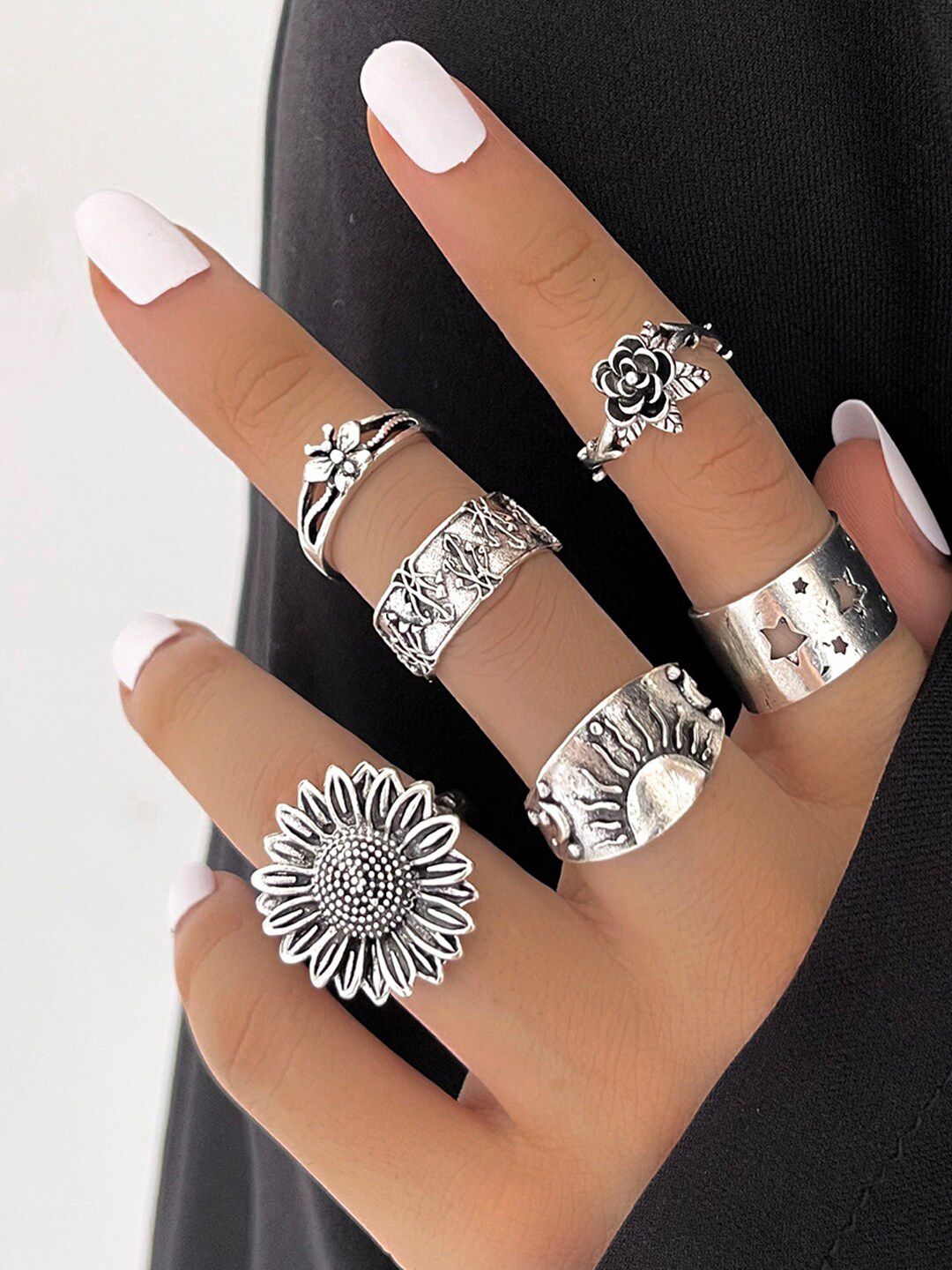 Shining Diva Fashion Set Of 6 Oxidised Silver-Plated Stylish Finger Rings Price in India