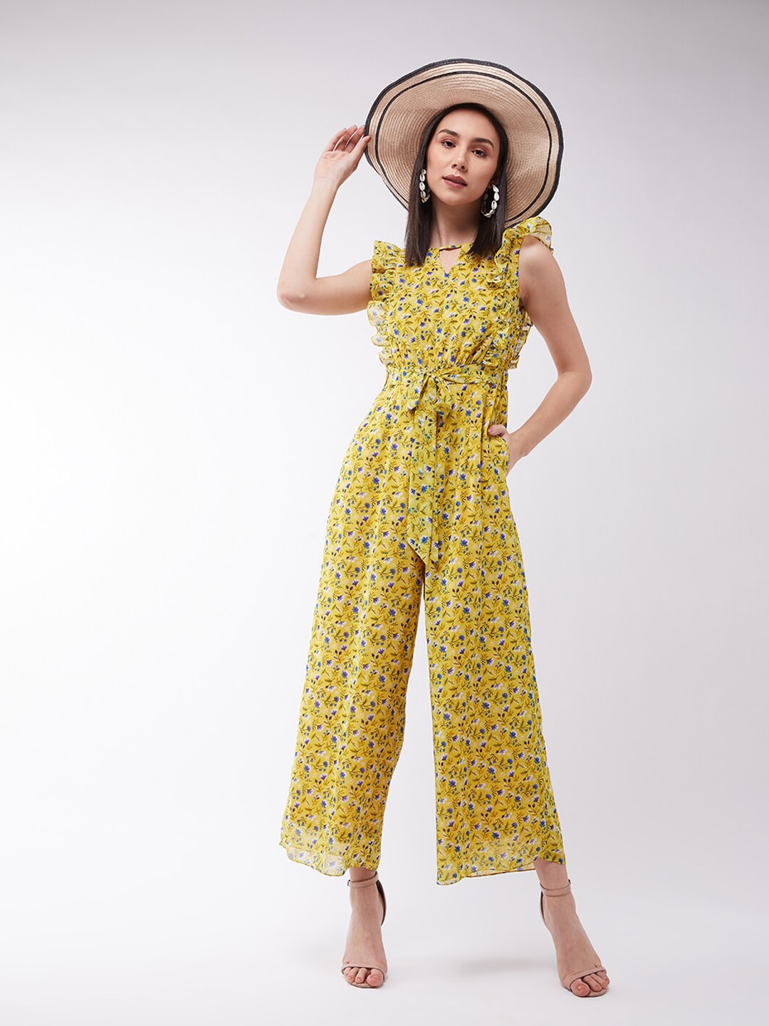 Miss Chase Yellow & Blue Floral Print Basic Jumpsuit with Ruffles Price in India