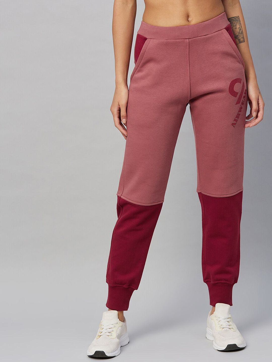 C9 AIRWEAR Women Maroon & Coral Colourblocked Fleece Joggers Price in India