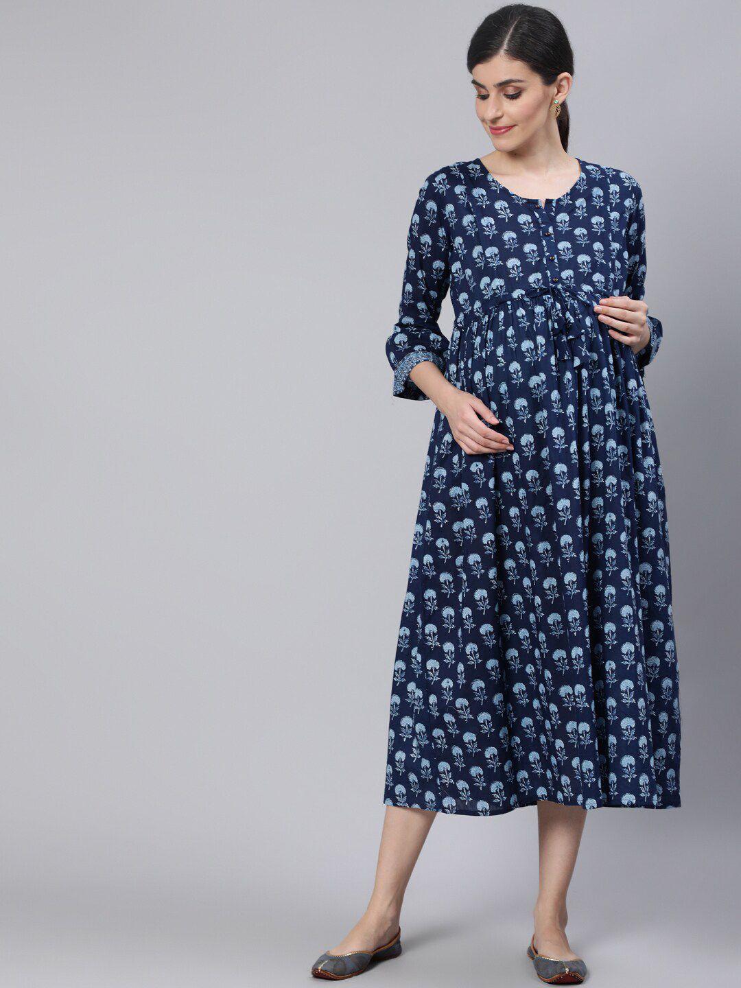 Nayo Blue Women Ethnic Motifs Maternity Empire Midi Dress Price in India