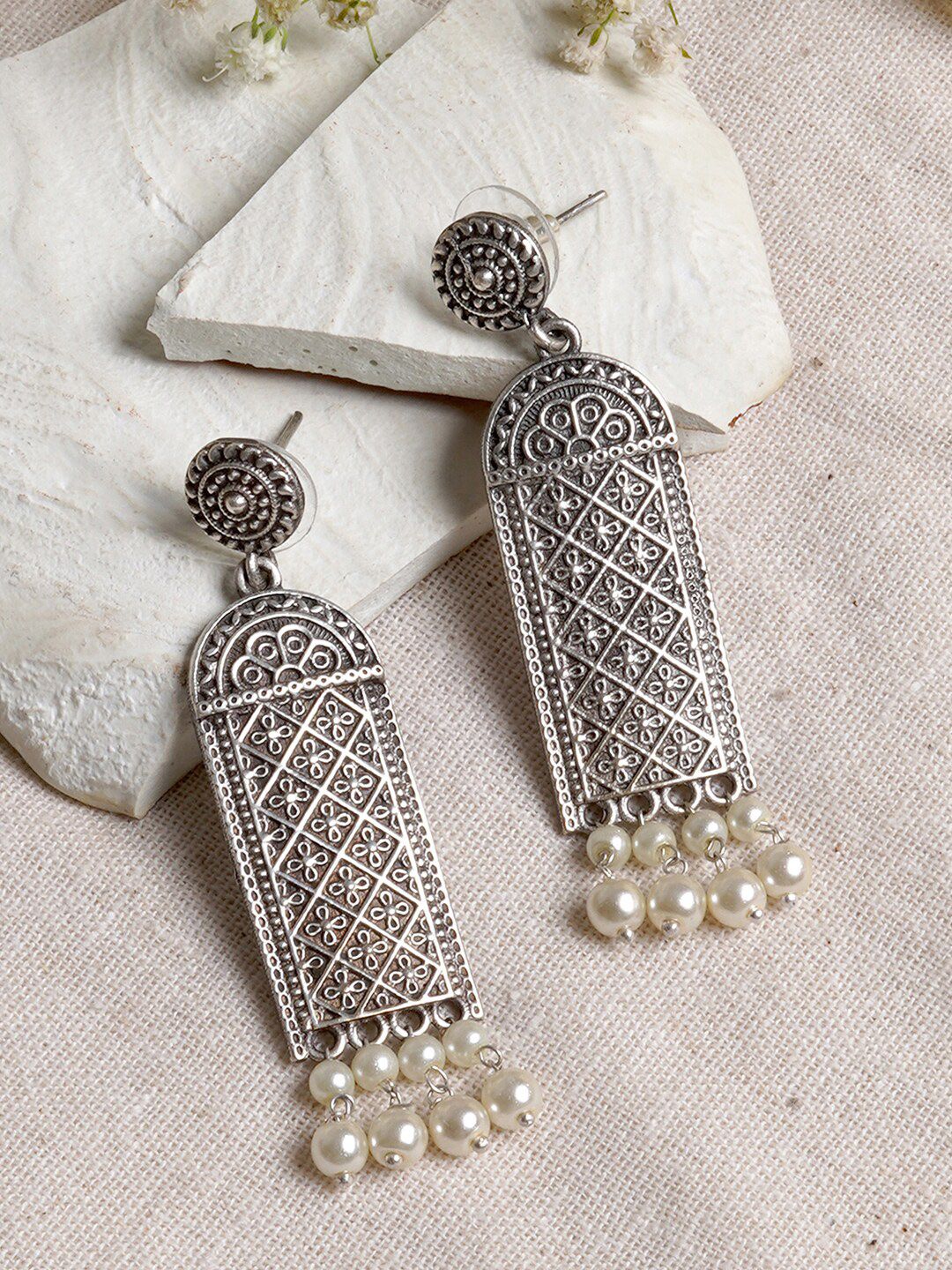 TEEJH Silver-Plated Contemporary Drop Earrings Price in India