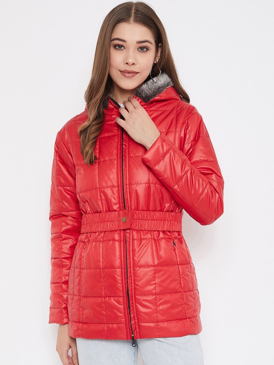 JUMP USA Women Red Checked Longline Padded Jacket Price in India