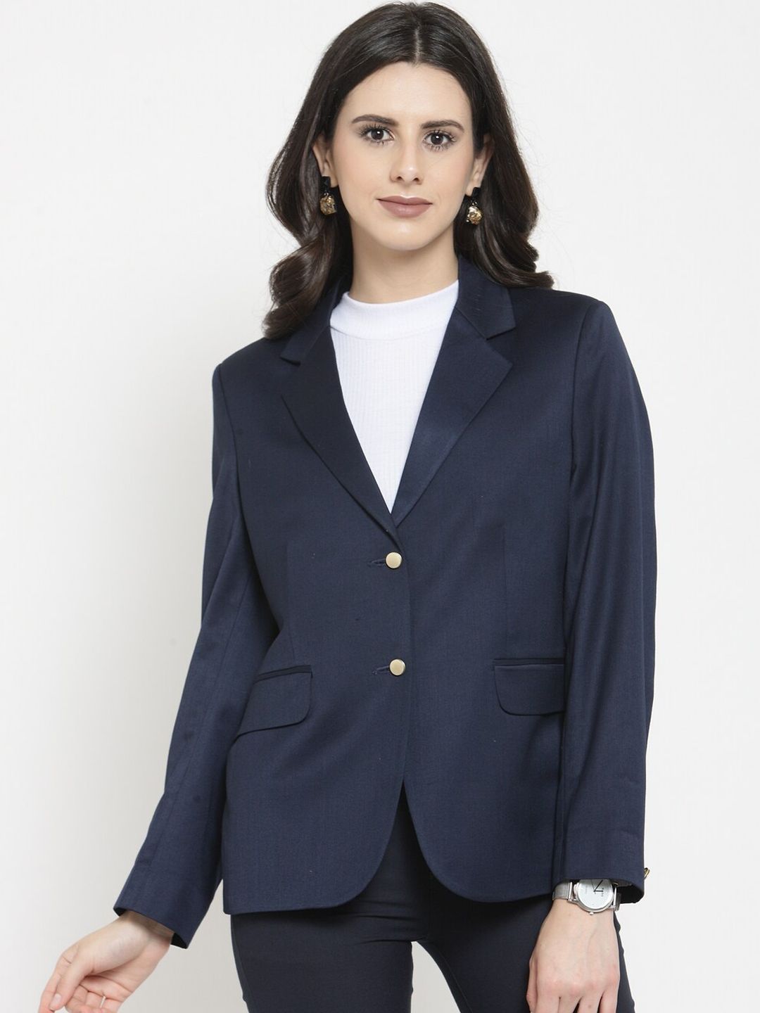 AUDSTRO Women Navy Blue Solid Single-Breasted Formal Blazer Price in India