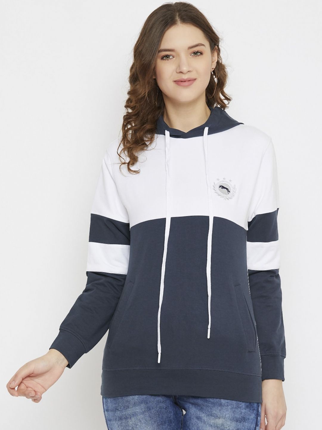 JUMP USA Women White Colourblocked Hooded Sweatshirt Price in India