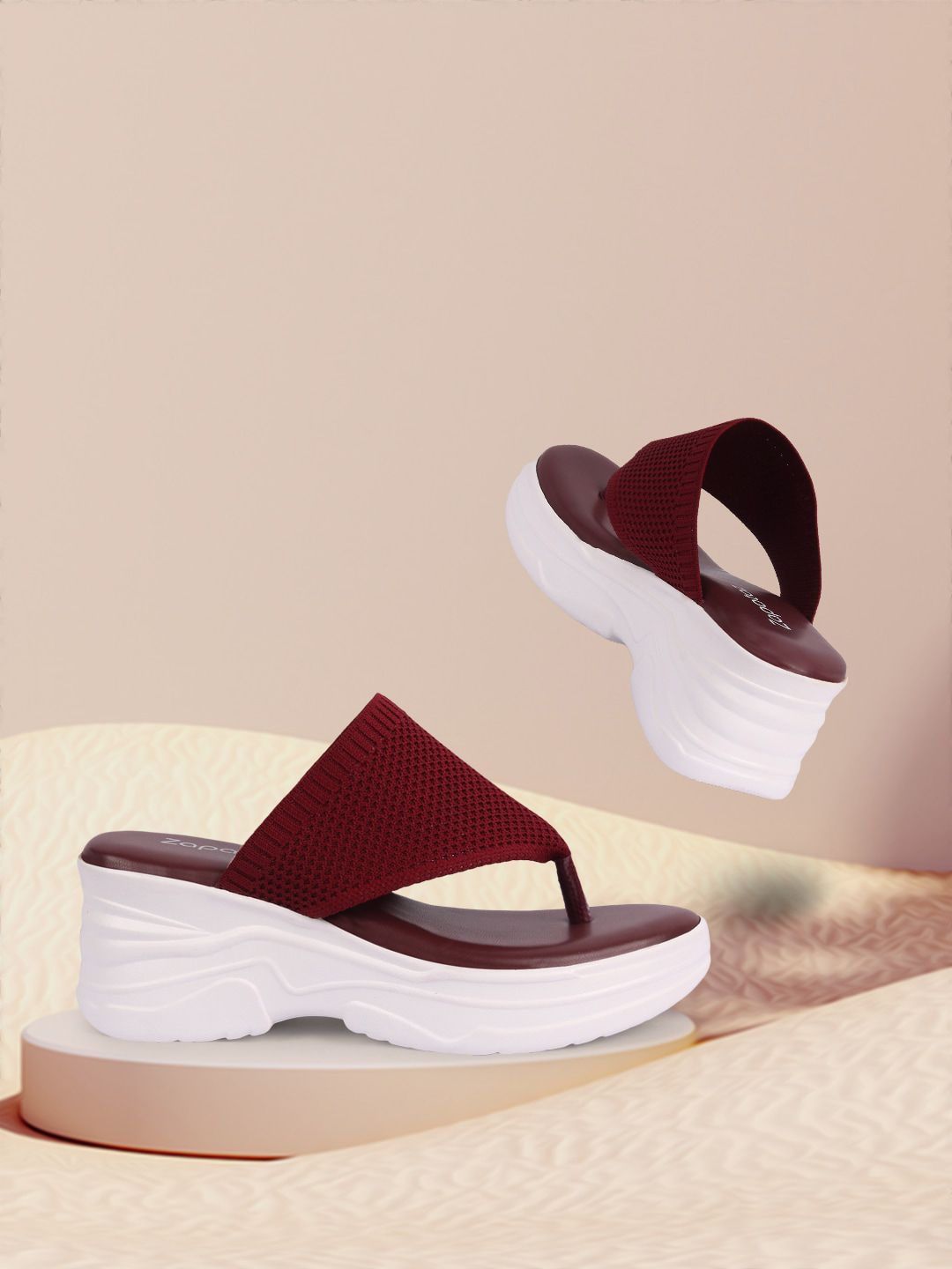 ZAPATOZ Maroon & White Woven Design PU Wedge Sandals Price in India