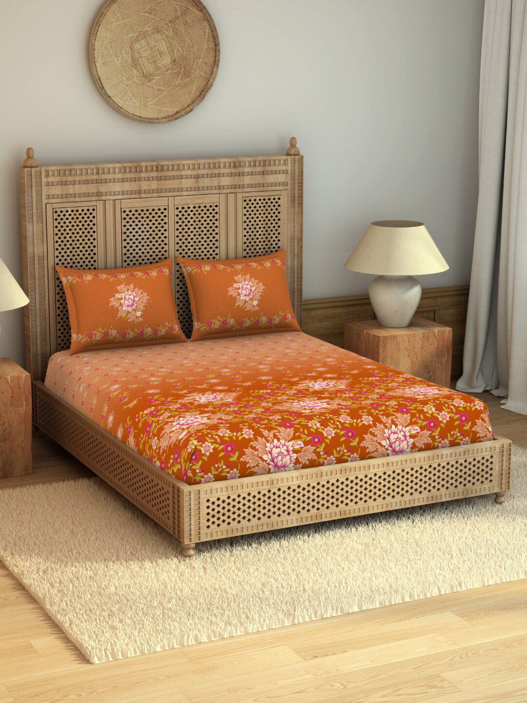 SPACES Rangana Niyama Orange & Pink Floral 210 TC Pure Cotton King Bedsheet with 2 Pillow Covers Price in India