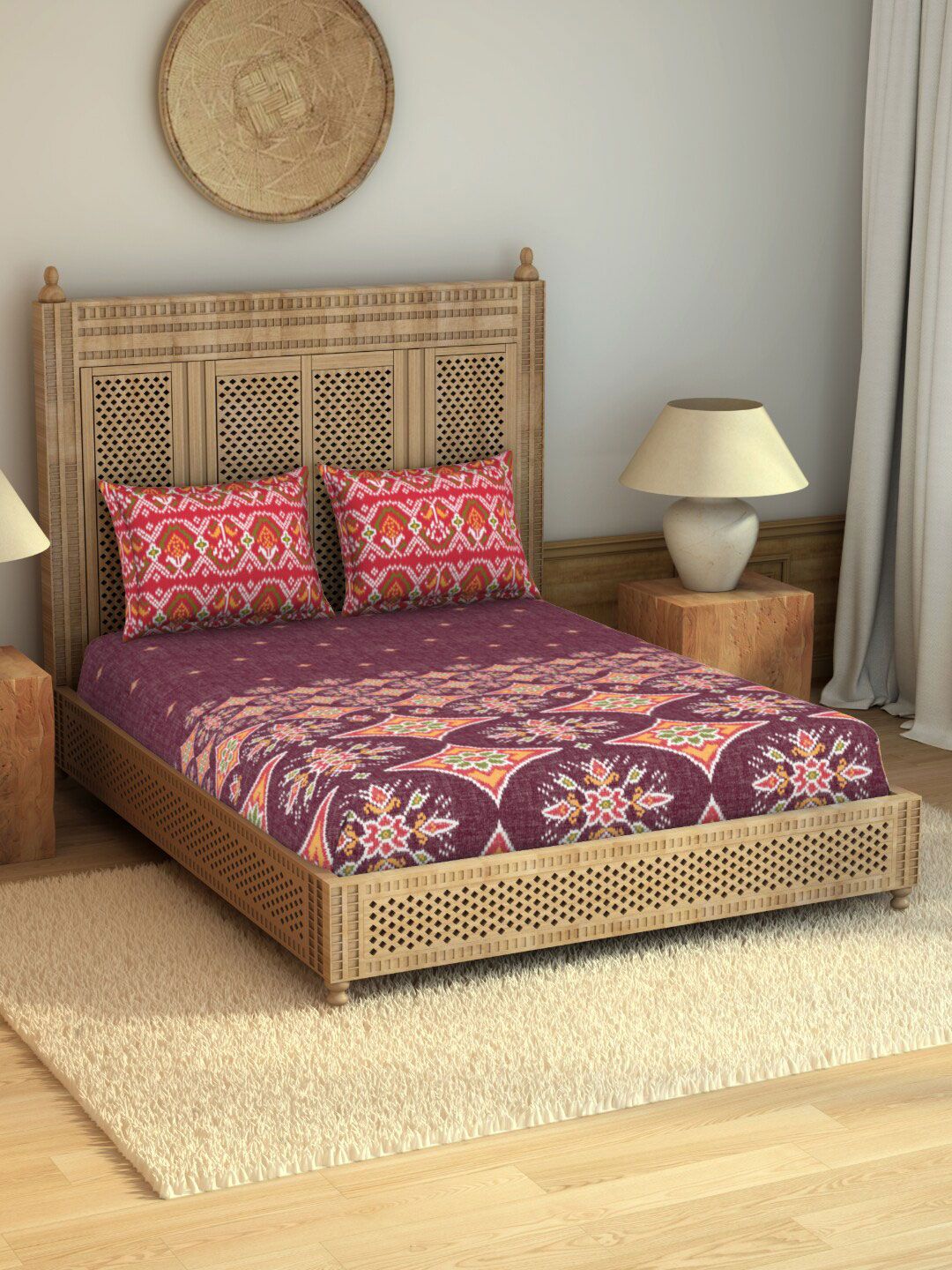 SPACES Rangana Nalgona Magenta & Pink Ethnic Motifs 210 TC Pure Cotton King Bedsheet with 2 Pillow Covers Price in India