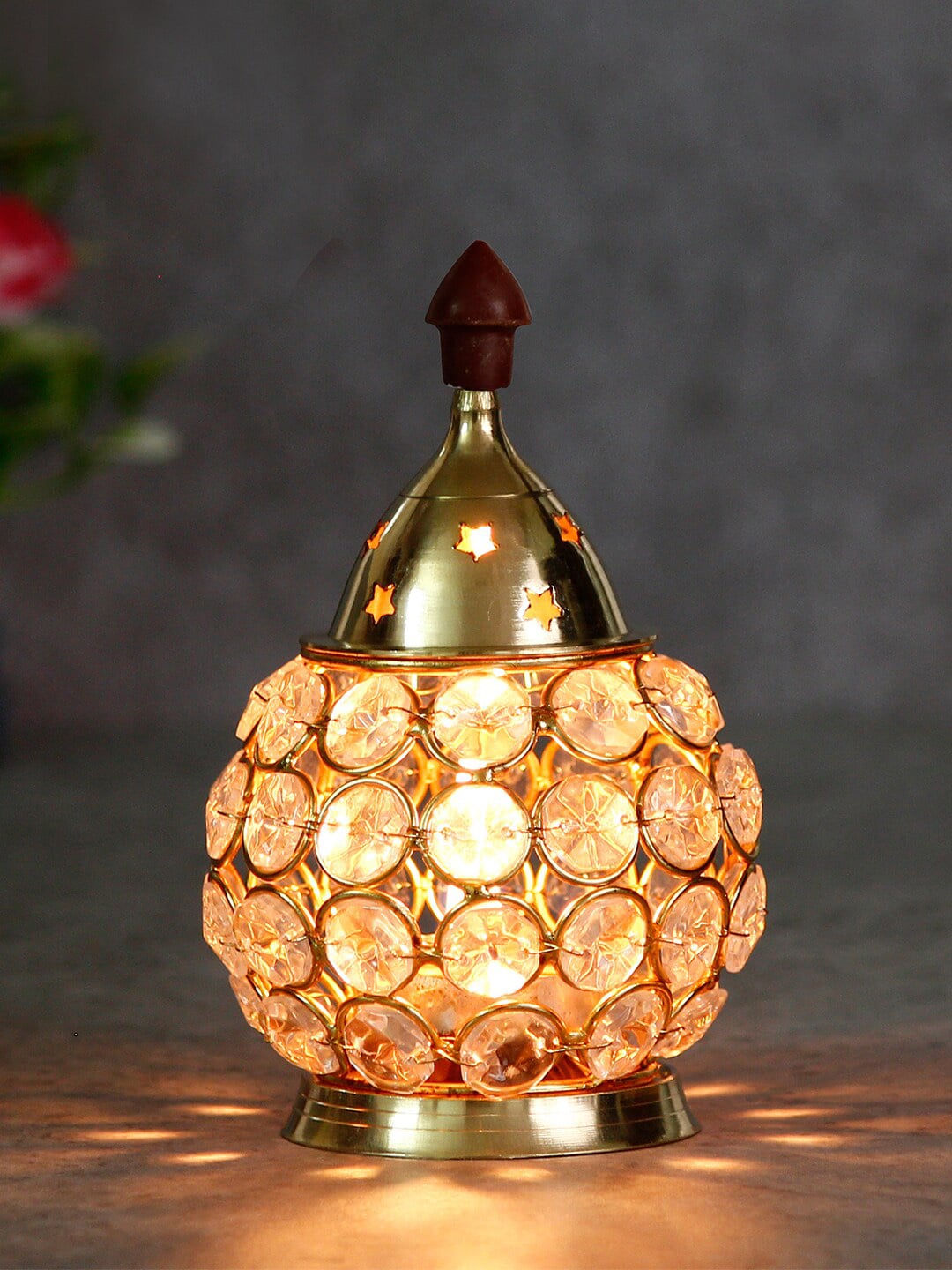eCraftIndia Gold-Toned & Transparent Crystal & Brass Akhand Diya Price in India