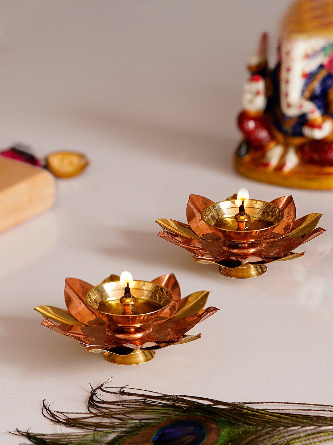 CraftIndia Brown & Gold-Toned 2 Pcs Floral Shape Metal Diyas Price in India