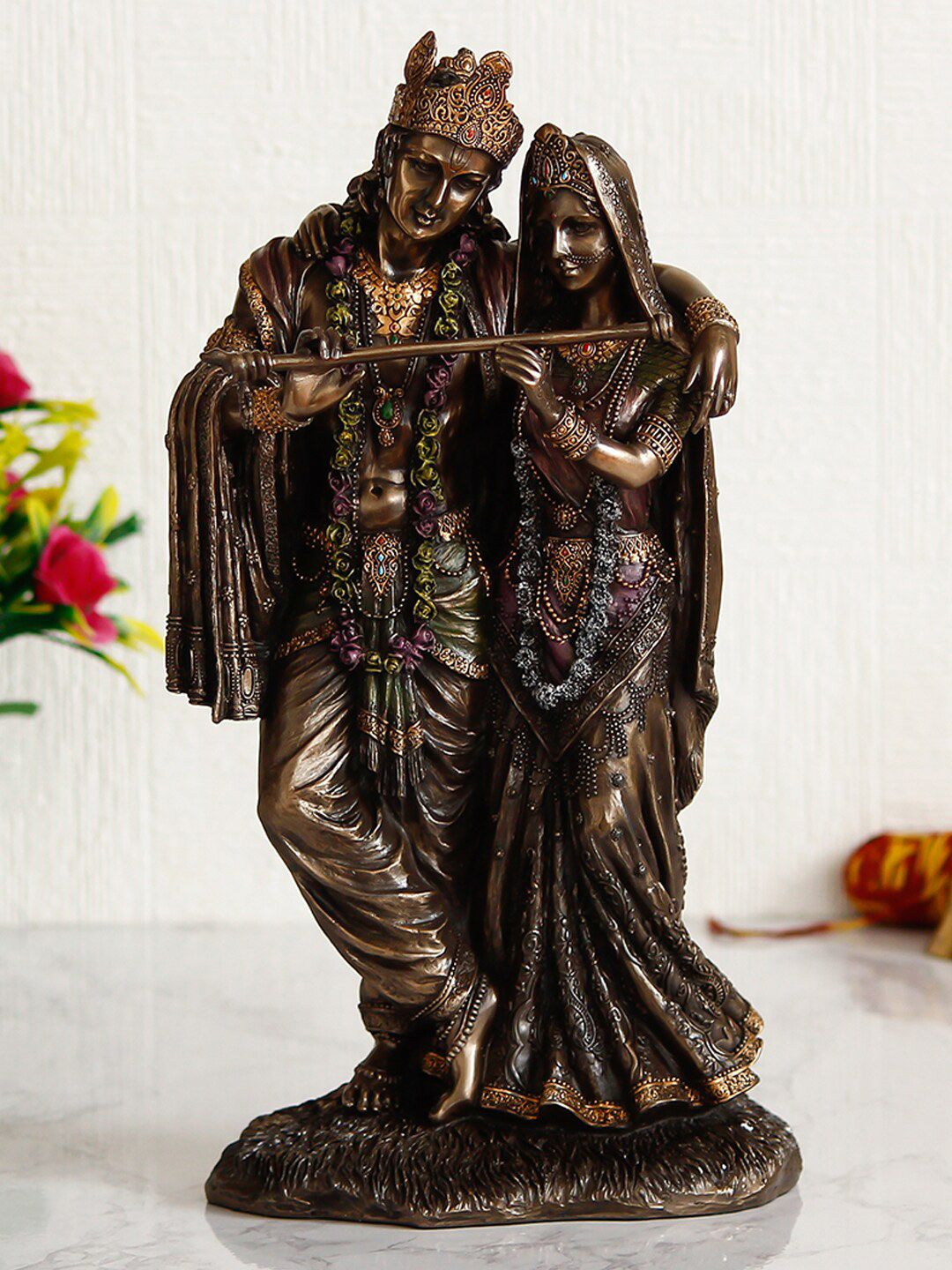 eCraftIndia Brown & Gold-Toned Radha Krishna Figurine Showpiece Price in India