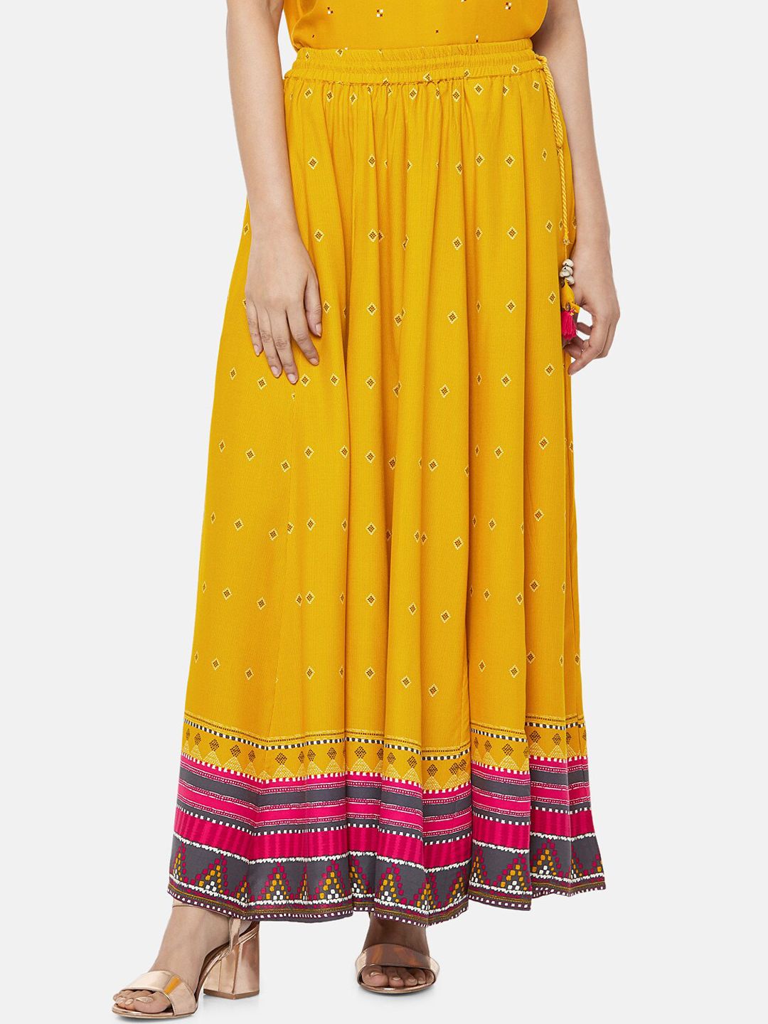 AKKRITI BY PANTALOONS Women Mustard Yellow & Pink Geometric Printed Flared Maxi Skirt