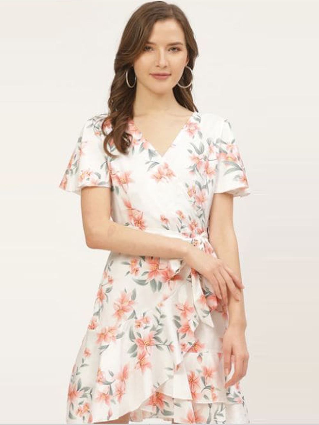 ANVI Be Yourself White & Peach-Coloured Floral Crepe Dress Price in India